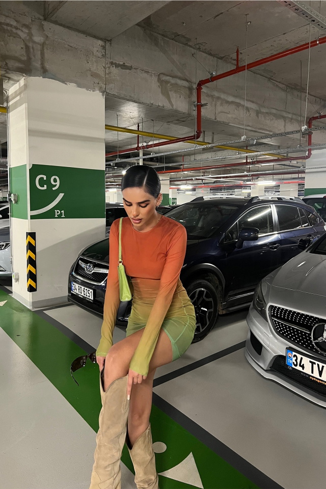 Turuncu Uzun Kol Mini Elbise ATE7329 - 9