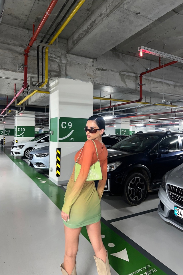 Turuncu Uzun Kol Mini Elbise ATE7329 - 5