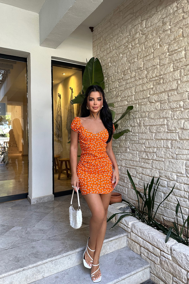 Turuncu Çiçek Desen Elbise ATE8229 - EYYO