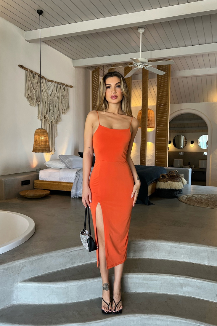 Turuncu Yırtmaç Detay Uzun Elbise ATE4490 - EYYO