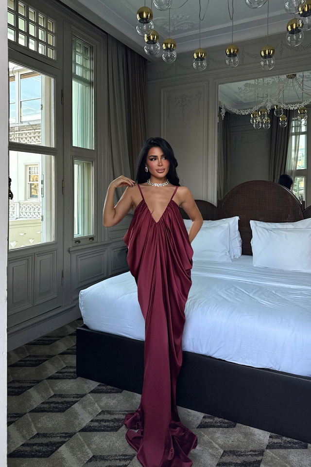 Vişne Çürüğü Tulula Uzun Saten Elbise ATE-3679 