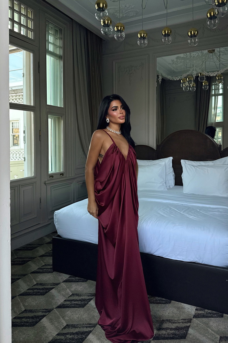 Vişne Çürüğü Tulula Uzun Saten Elbise ATE-3679 - EYYO