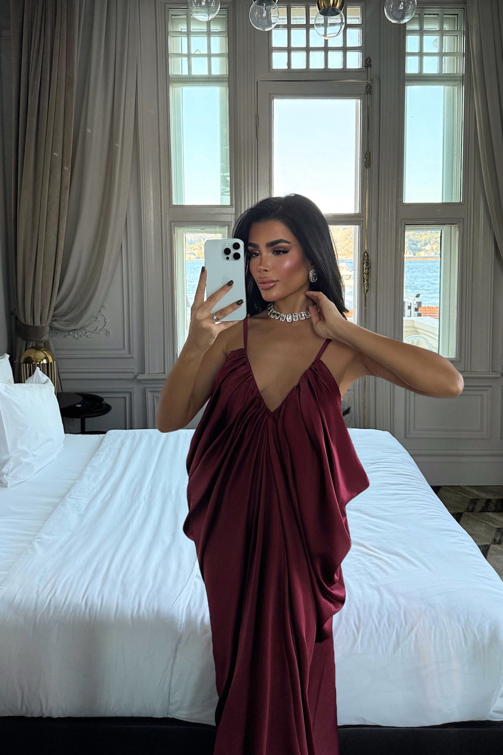 Vişne Çürüğü Tulula Uzun Saten Elbise ATE-3679 - EYYO
