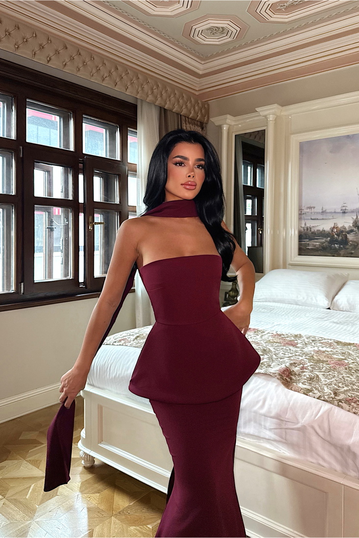 Vişne Çürüğü Benedita Uzun Fularlı Elbise ATE-3523 - EYYO