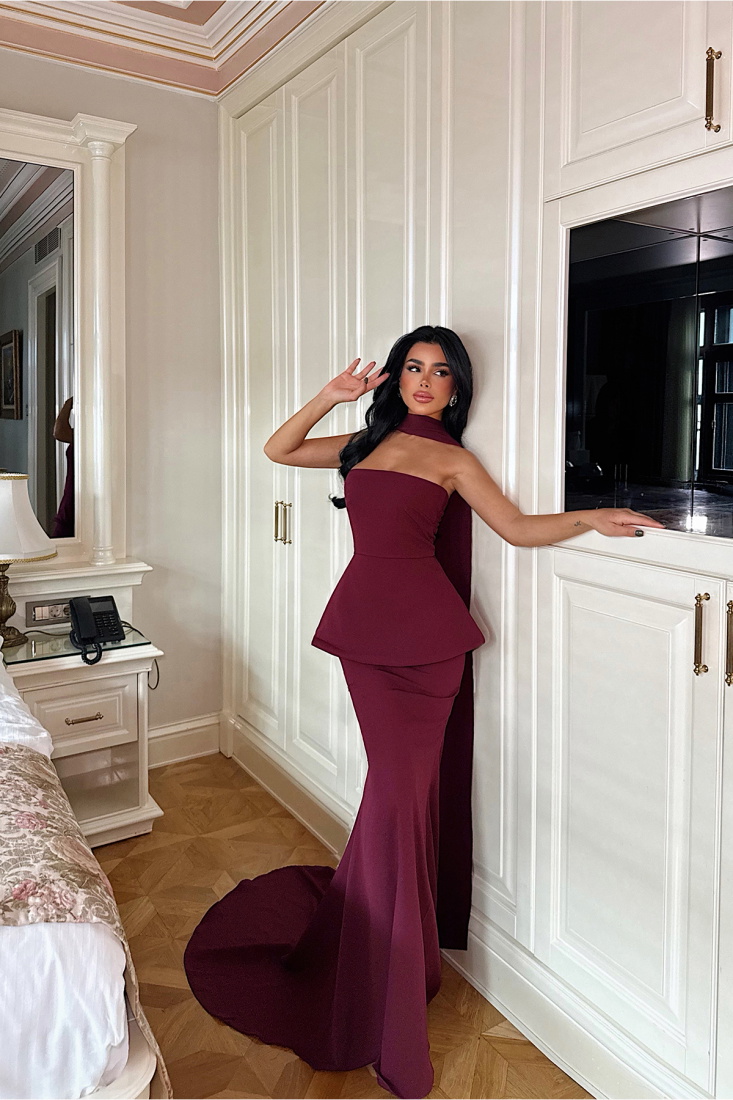 Vişne Çürüğü Benedita Uzun Fularlı Elbise ATE-3523 - EYYO