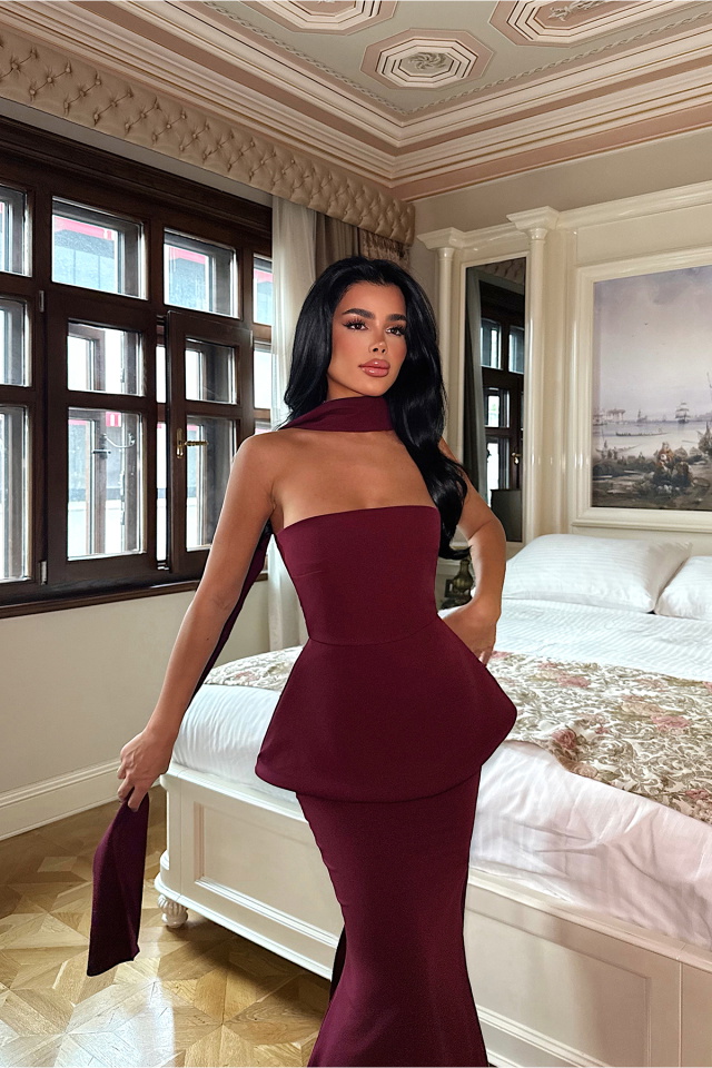 Vişne Çürüğü Benedita Uzun Fularlı Elbise ATE-3523 - 3