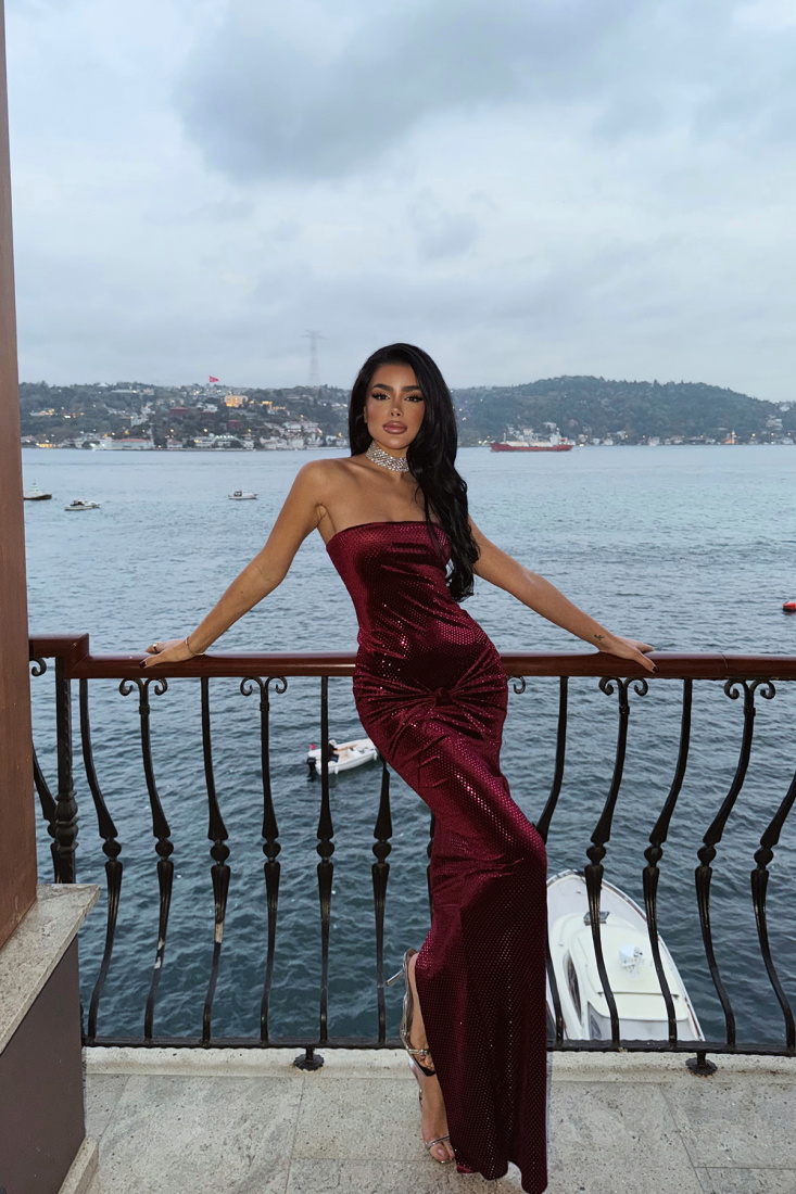 Vişne Çürüğü Lissa straplez elbise ATE-4009 - EYYO