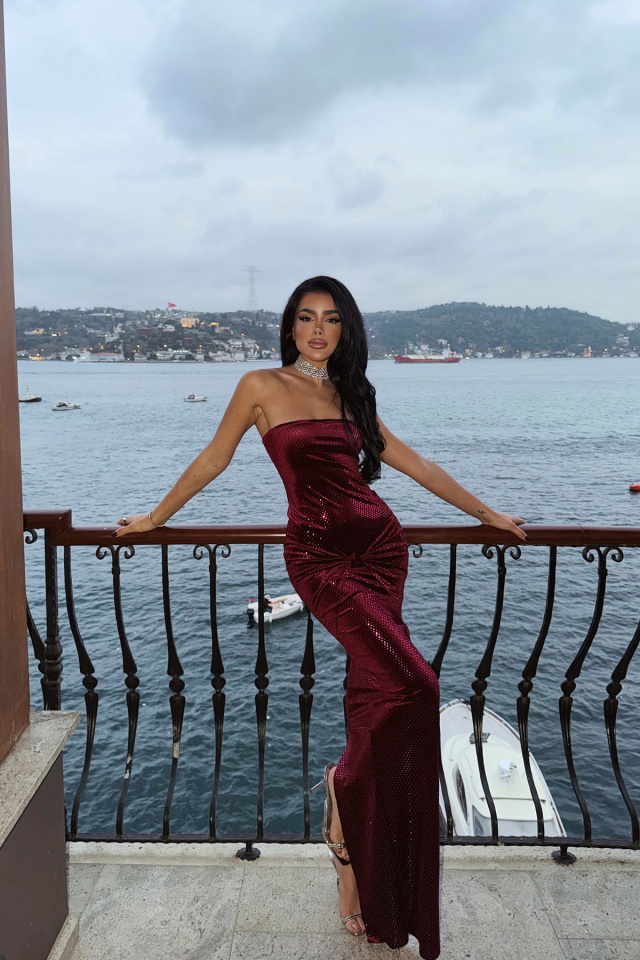 Vişne Çürüğü Lissa straplez elbise ATE-4009 - 2