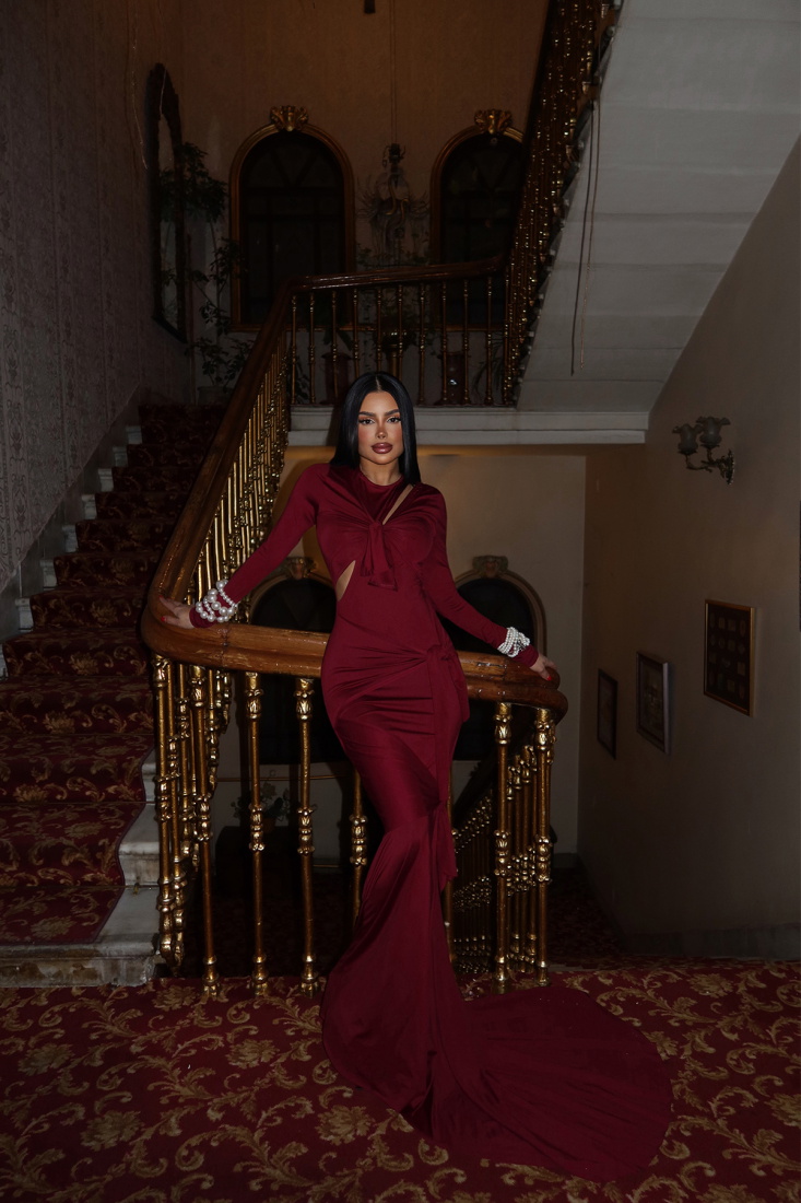 Vişne Çürüğü Pencere Detay Uzun Elbise ATE-2267 - EYYO