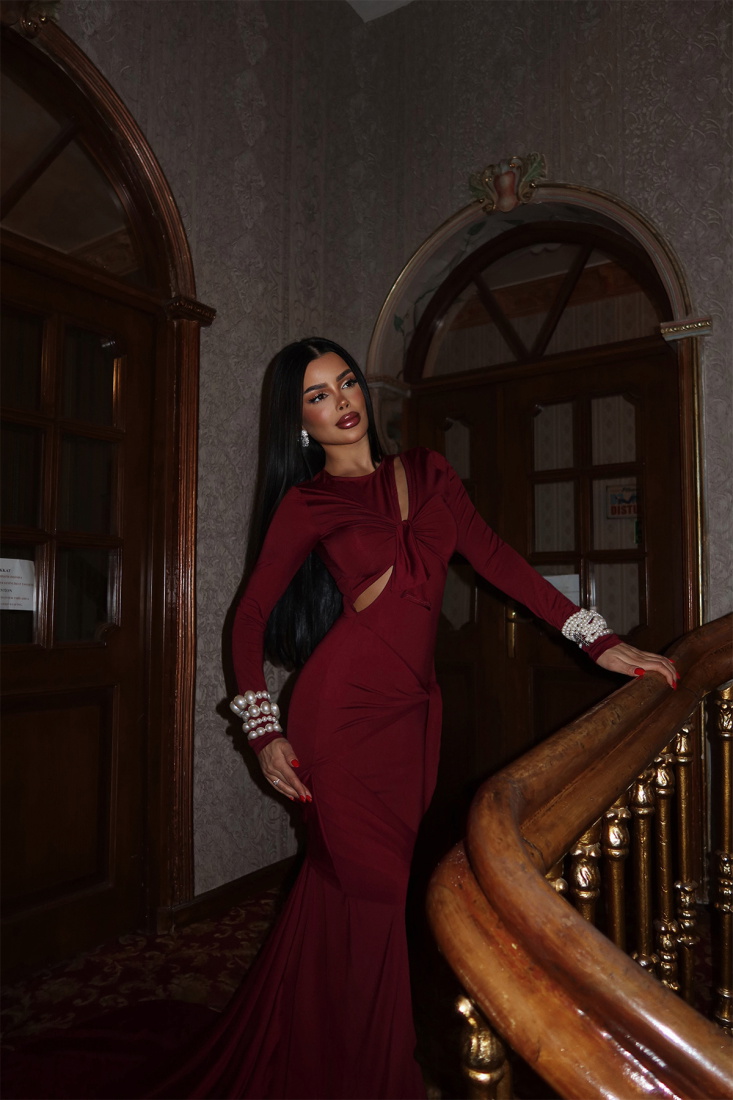 Vişne Çürüğü Pencere Detay Uzun Elbise ATE-2267 - EYYO