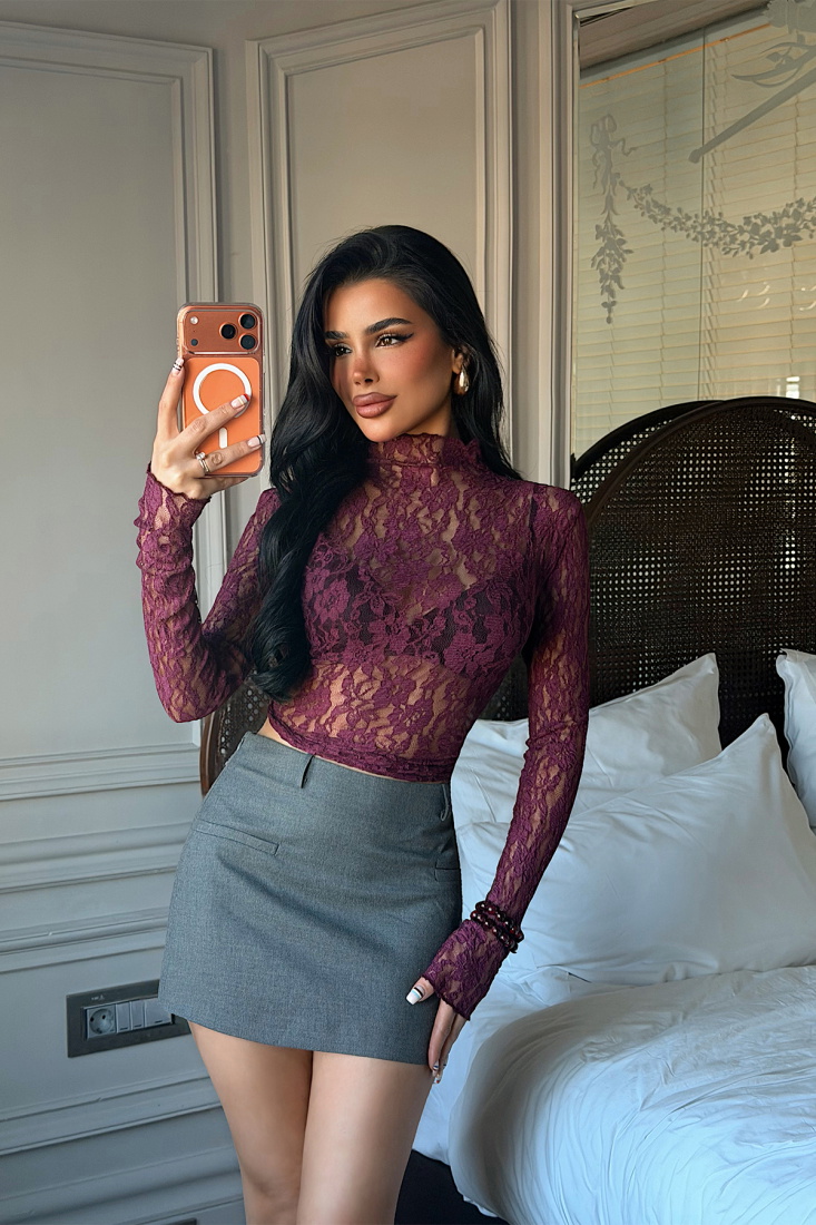 Vişne Çürüğü Raquel Dantel Transparan Bluz ATE-5067 - EYYO