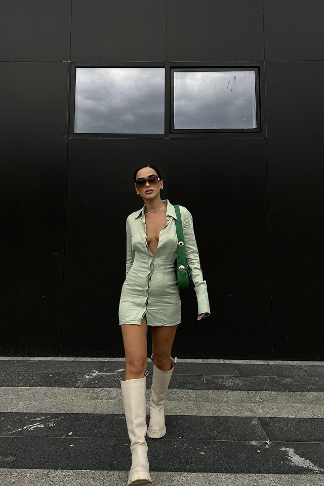 Water Green Shirt Collar Dress ATE2074 