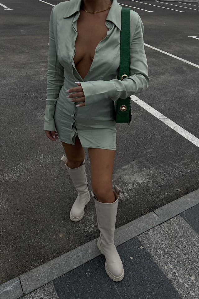 Water Green Shirt Collar Dress ATE2074 - 2