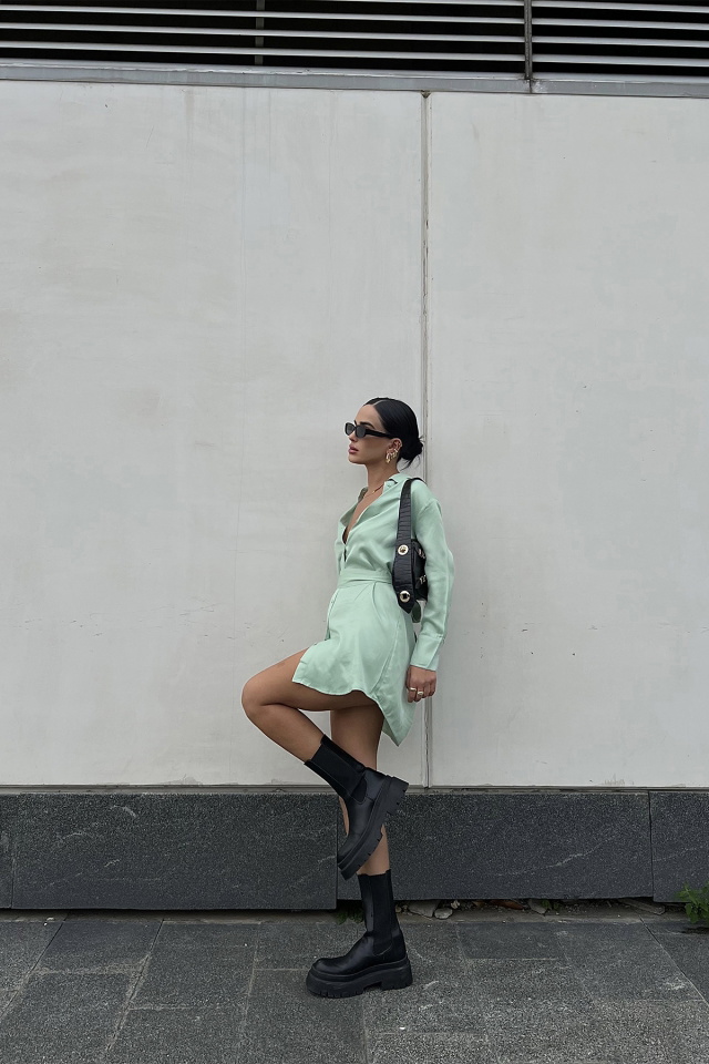 Water Green Shirt Collar Dress ATE2137 - 3