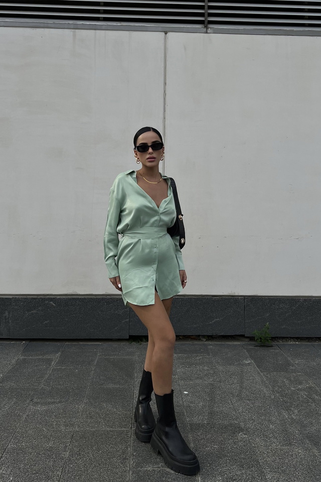 Water Green Shirt Collar Dress ATE2137 - 1