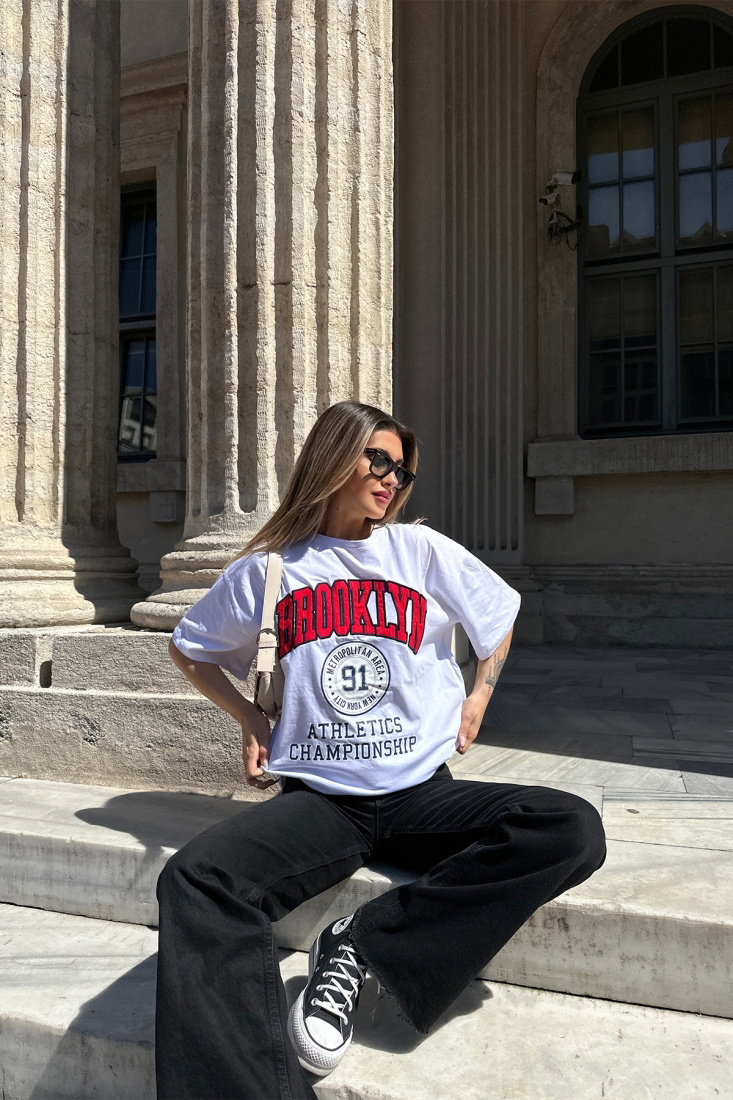 White Brooklyn Letter Tshirt ATE5303 - EYYO