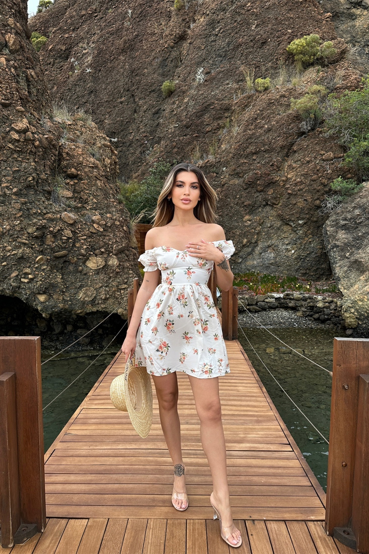 White Flower Pattern Low Sleeve Dress ATE6673 - EYYO