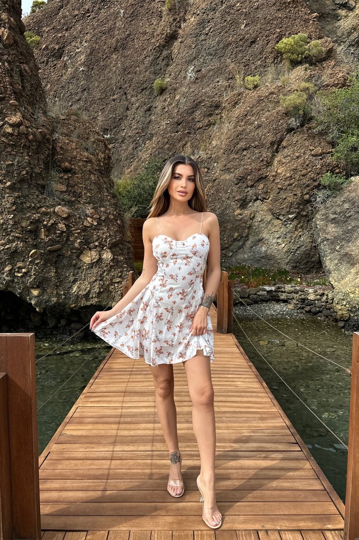 White Flower Pattern Strapped Dress ATE6571 - EYYO