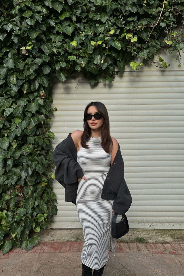 White Lined Slit Detail Long Dress ATE4360 