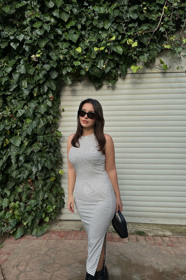 White Lined Slit Detail Long Dress ATE4360 - EYYO