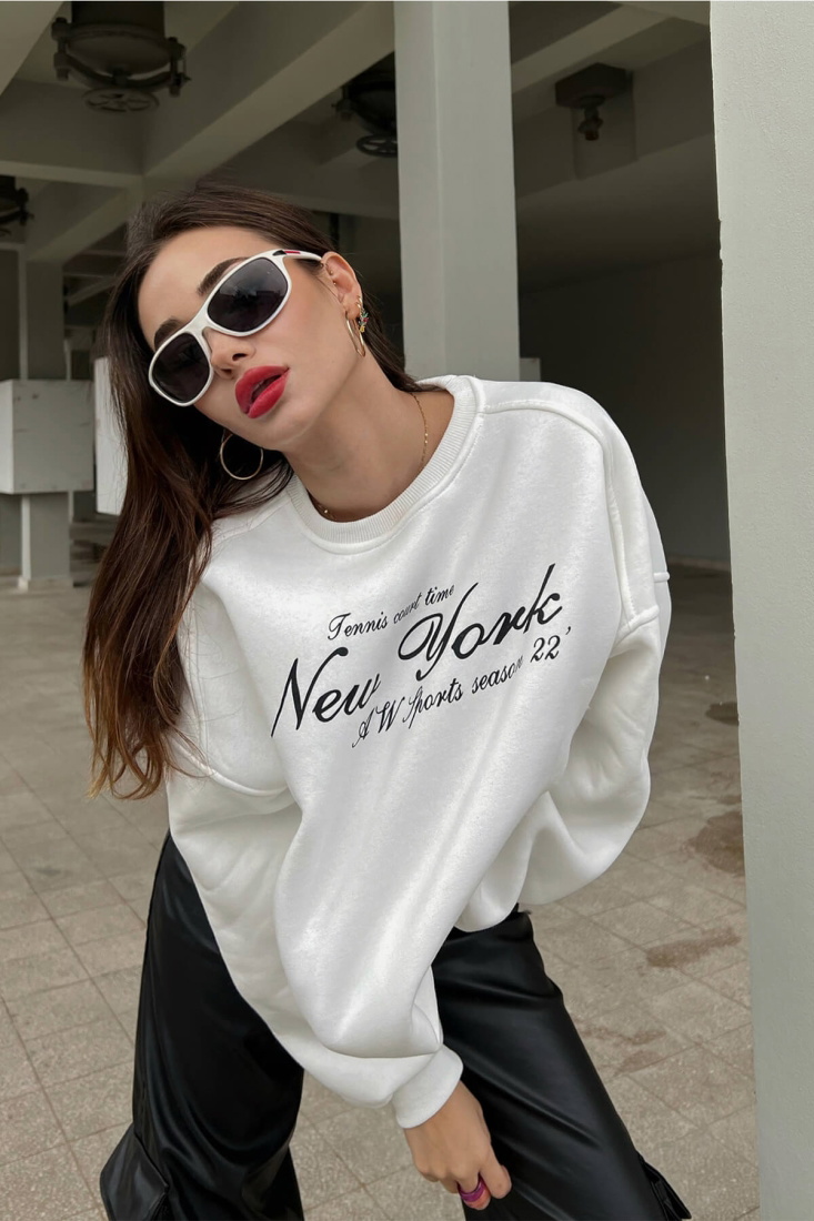 White New York Printed Sweat ATE2589 - EYYO
