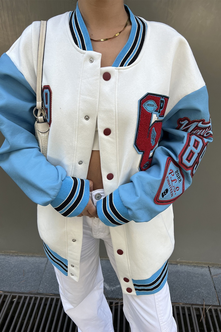 White Printed Sleeve College Jacket ATE2316 - EYYO
