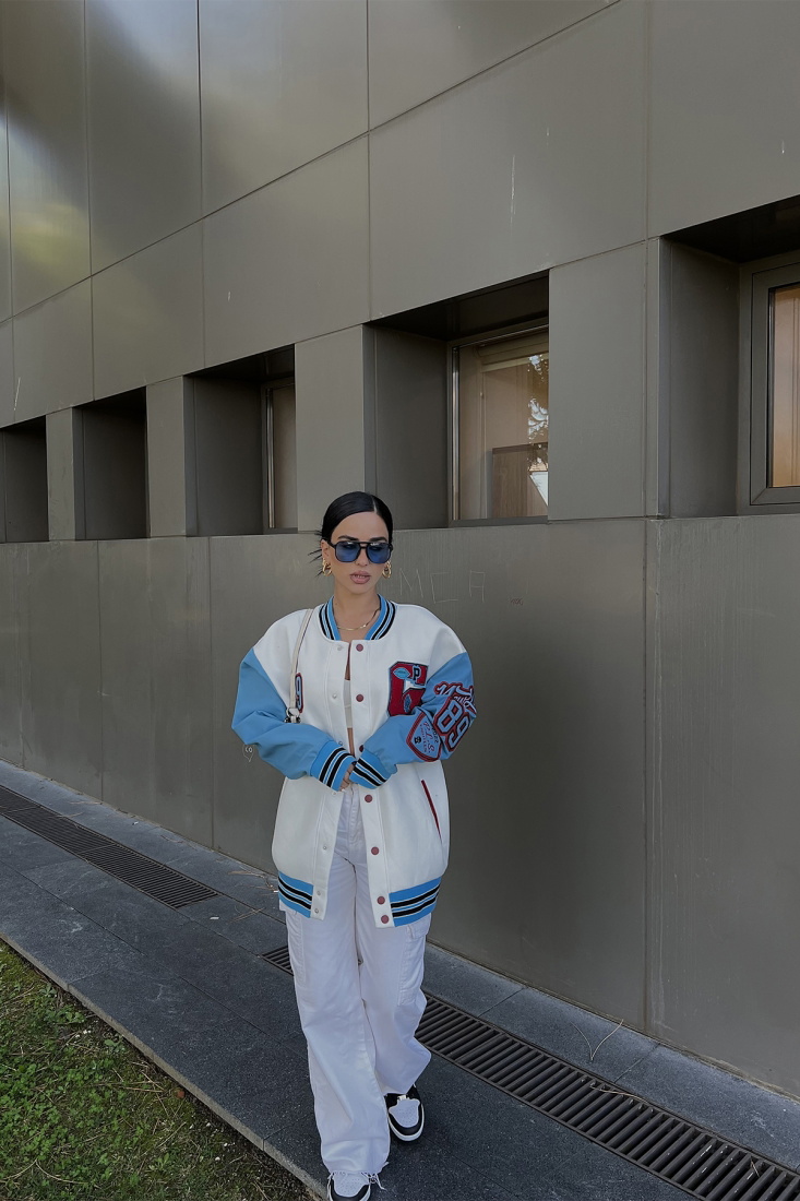 White Printed Sleeve College Jacket ATE2316 - EYYO