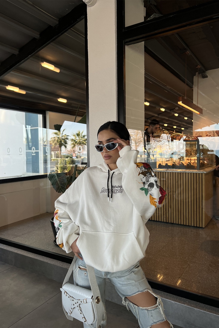 White Printed-Sleeved Hooded Sweat ATE3326 - NOON