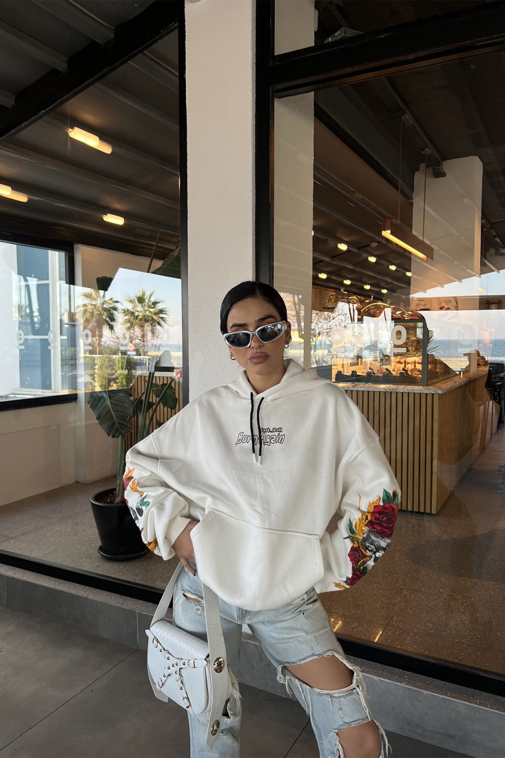 White Printed-Sleeved Hooded Sweat ATE3326 - NOON
