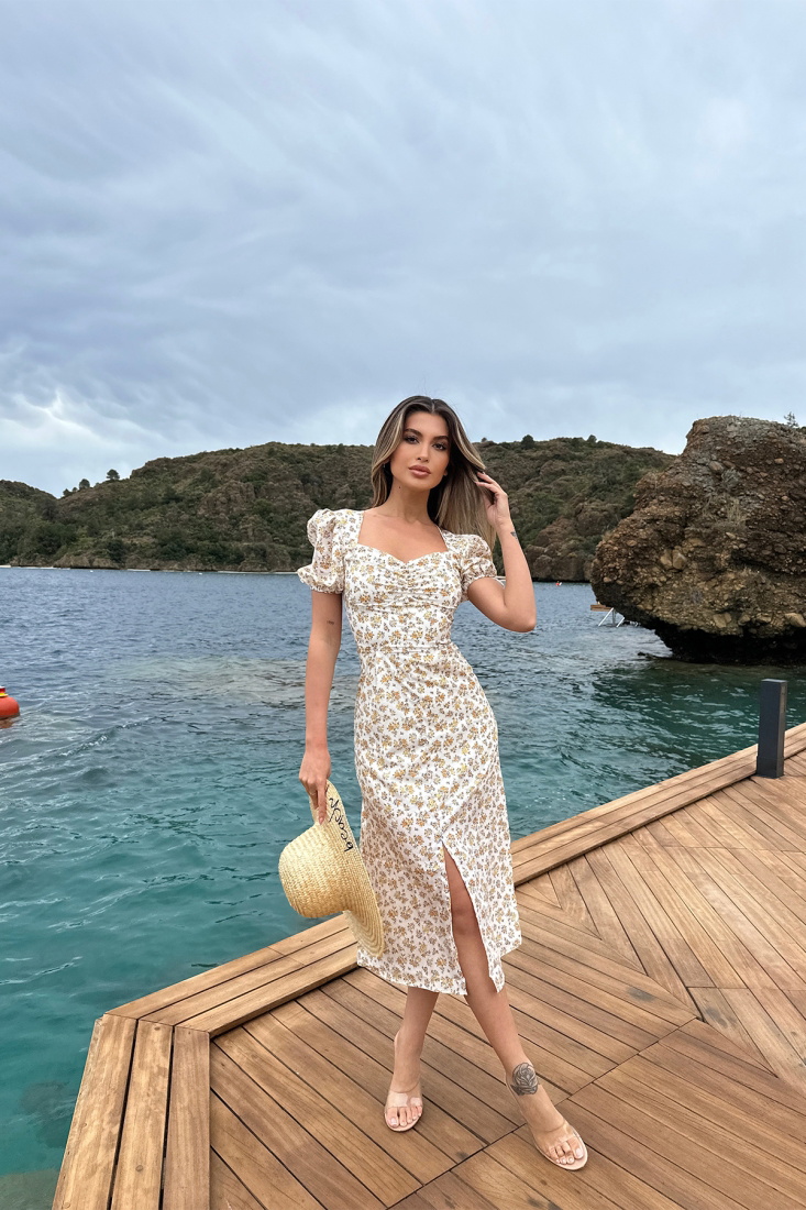 White Slit Detail Flower Pattern Dress ATE6612 - EYYO