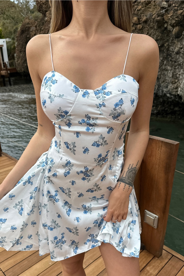 White Strapped Flower Pattern Mini Dress ATE6672 - EYYO