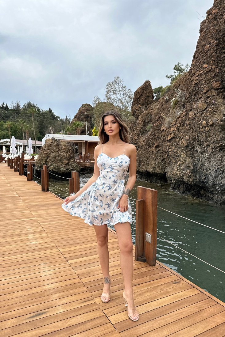 White Strapped Flower Pattern Mini Dress ATE6672 - EYYO