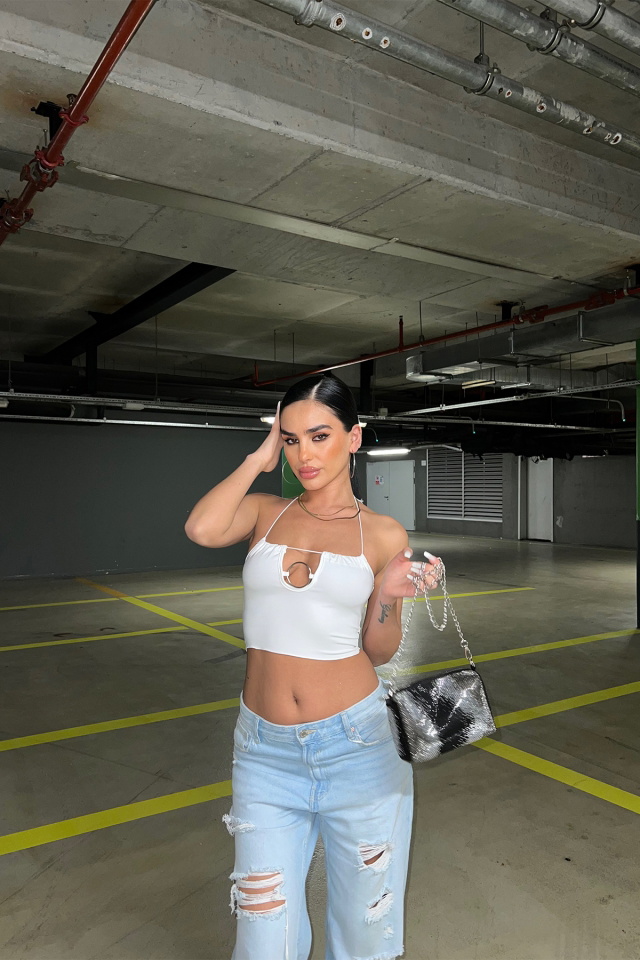 White Thin Strapped Ring Detail Crop Top ATE6921 - 3