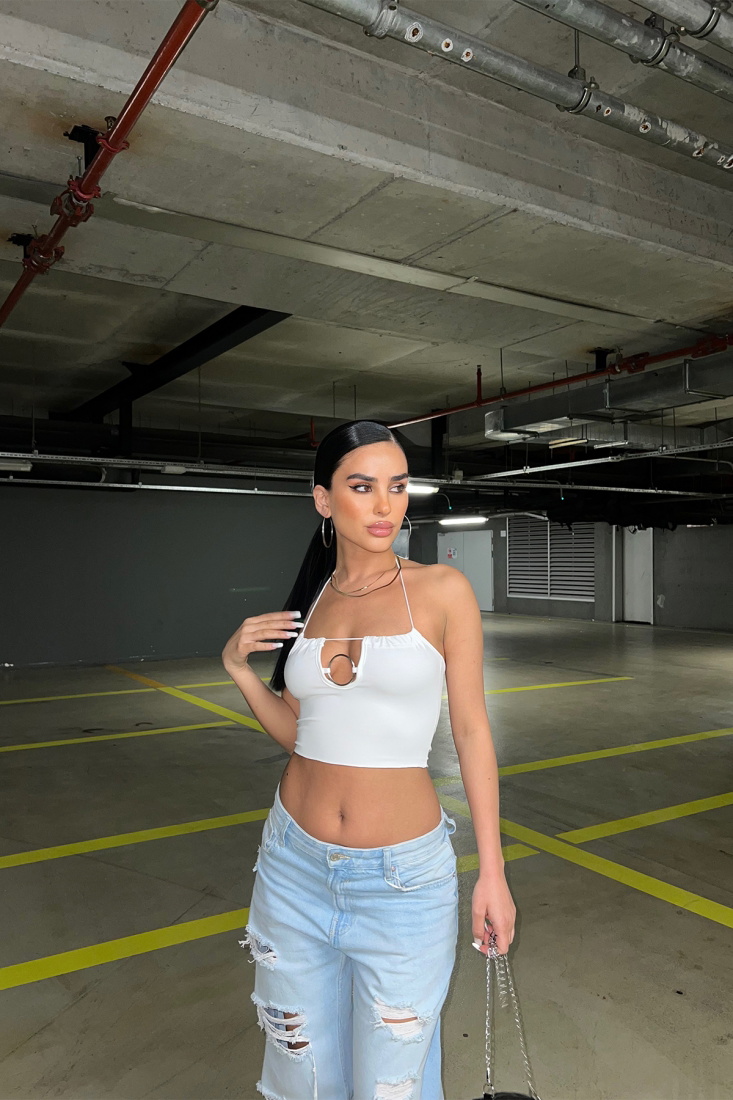 White Thin Strapped Ring Detail Crop Top ATE6921 - EYYO