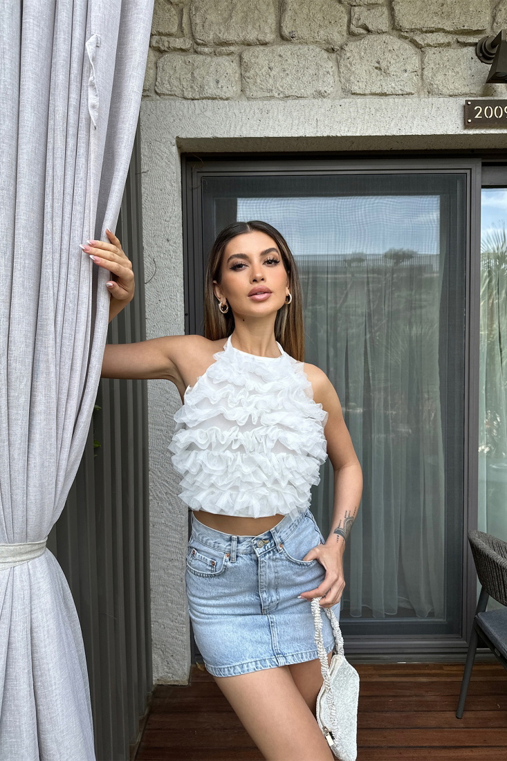 White Tulle Detail Crop Top ATE6344 - EYYO