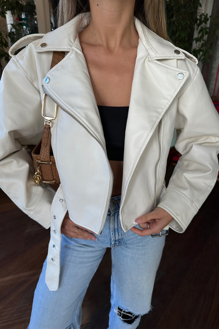 White Zipper Detail Leather Jacket ATE6807 - EYYO