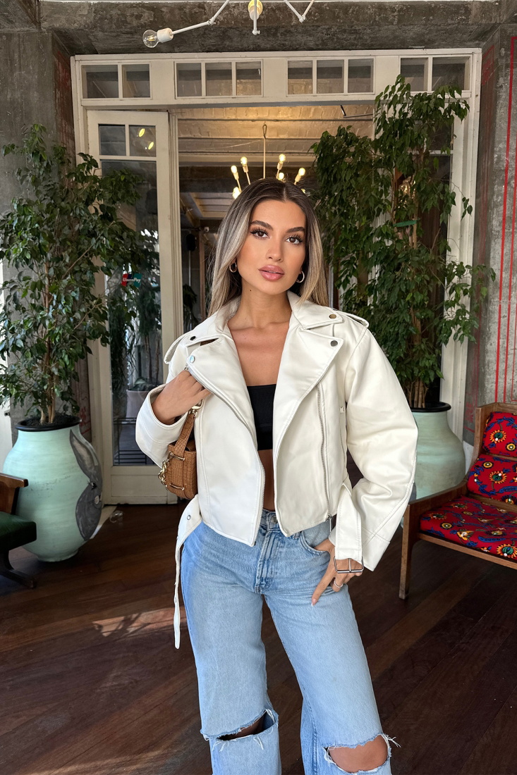 White Zipper Detail Leather Jacket ATE6807 - EYYO