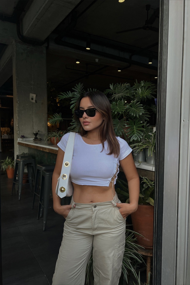 White Stone Detail Laced Crop Top ATE1726 - 1