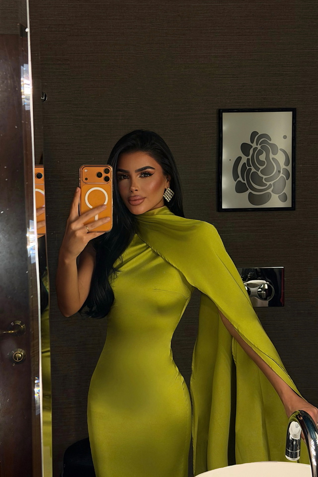 Yağ Yeşili Messcy Uzun Fularlı Elbise ATE-3992 - 1