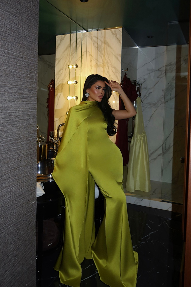 Yağ Yeşili Messcy Uzun Fularlı Elbise ATE-3992 - 2