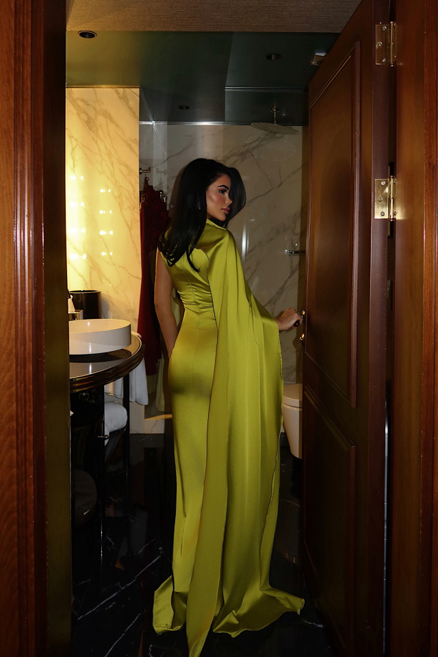 Yağ Yeşili Messcy Uzun Fularlı Elbise ATE-3992 - 5