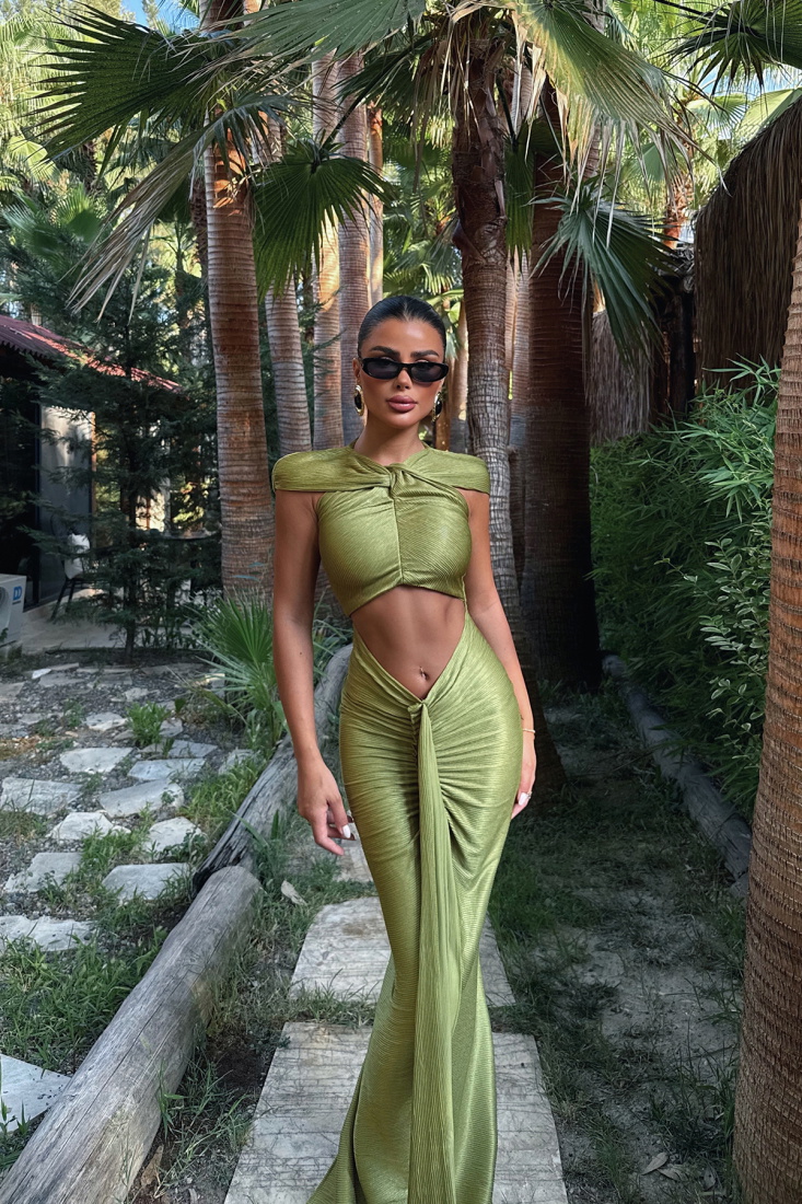 Yağ Yeşili Orleans Uzun Elbise ATE-3322 - EYYO