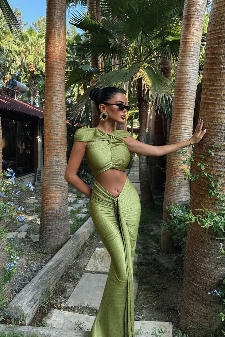 Yağ Yeşili Orleans Uzun Elbise ATE-3322 - EYYO