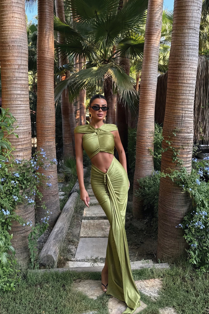 Yağ Yeşili Orleans Uzun Elbise ATE-3322 - EYYO