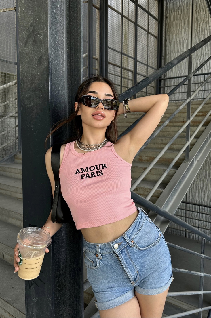 Yavruağzı Amour Parıs Yazılı Crop Top ATE7328 - EYYO