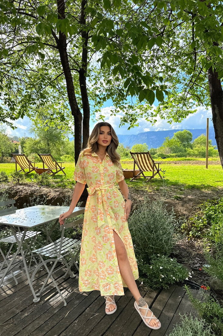 Yellow Deep Slit Long Dress ATE6435 - EYYO