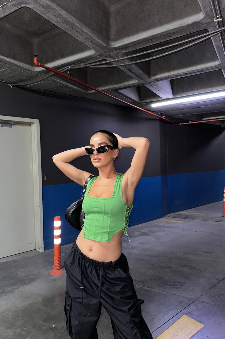 Yeşil Askılı Bağlamalı Crop Top ATE7444 - EYYO