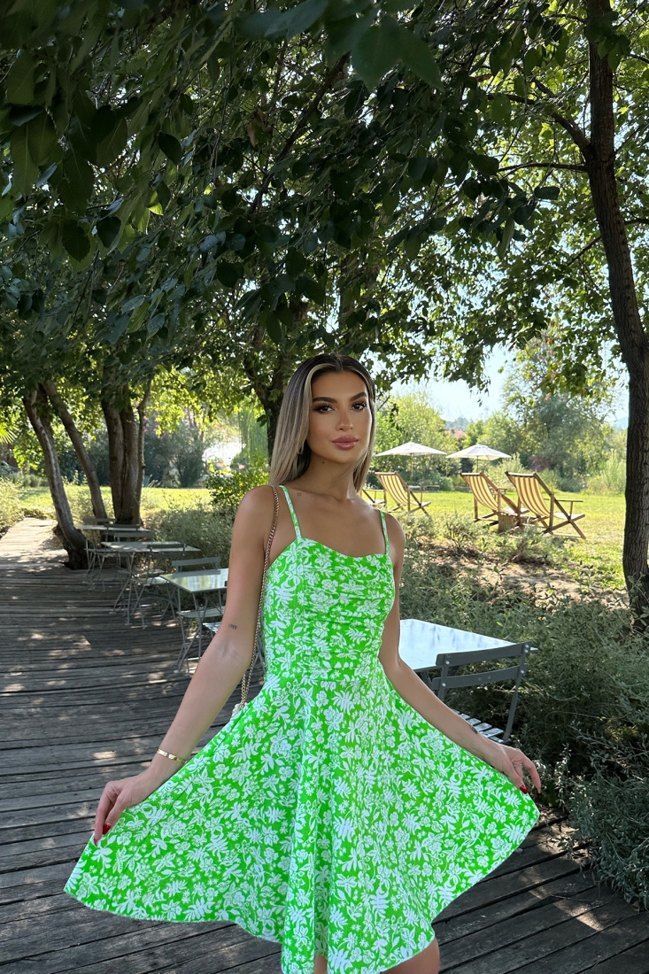 Yeşil Askılı Çiçek Desen Mini Elbise ATE8054 - EYYO