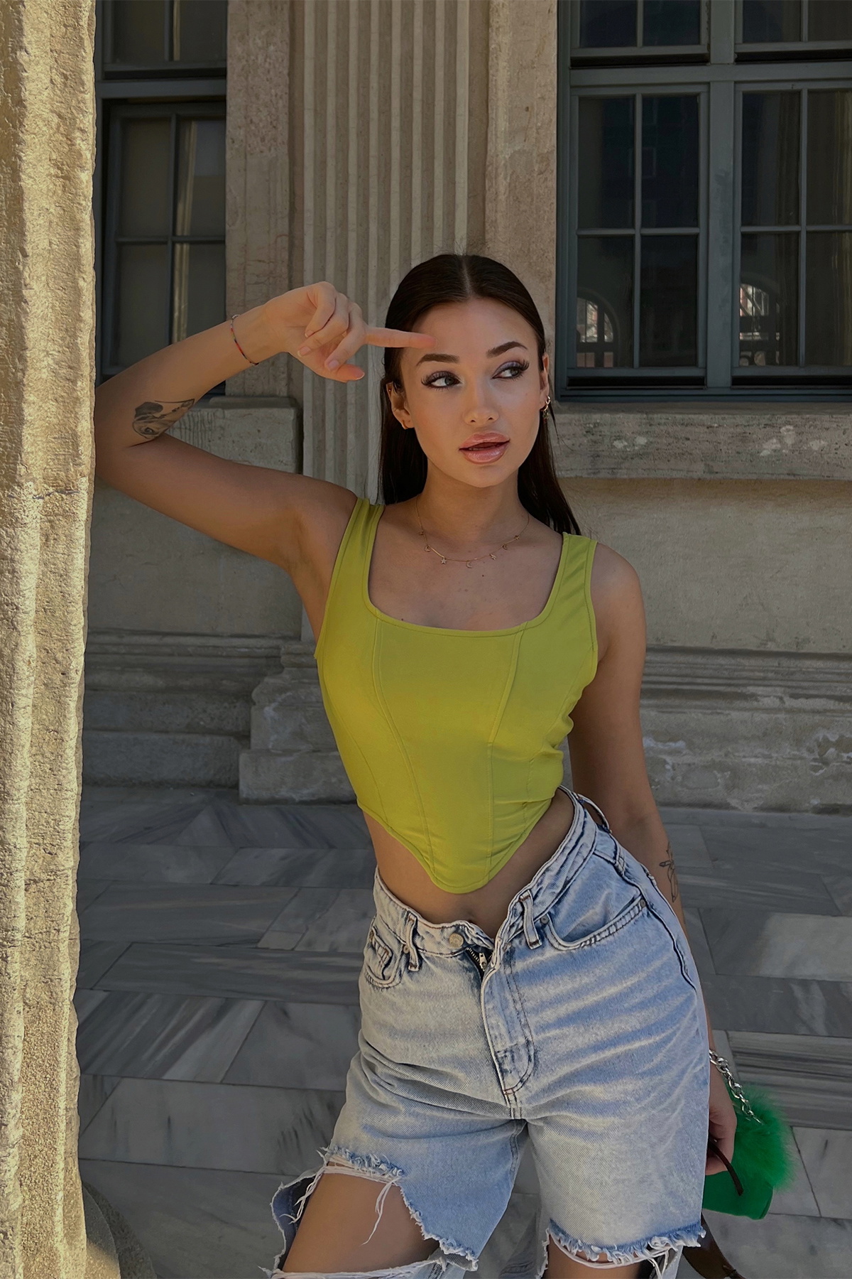 Yeşil Askılı Crop Top ATE3898 - 1