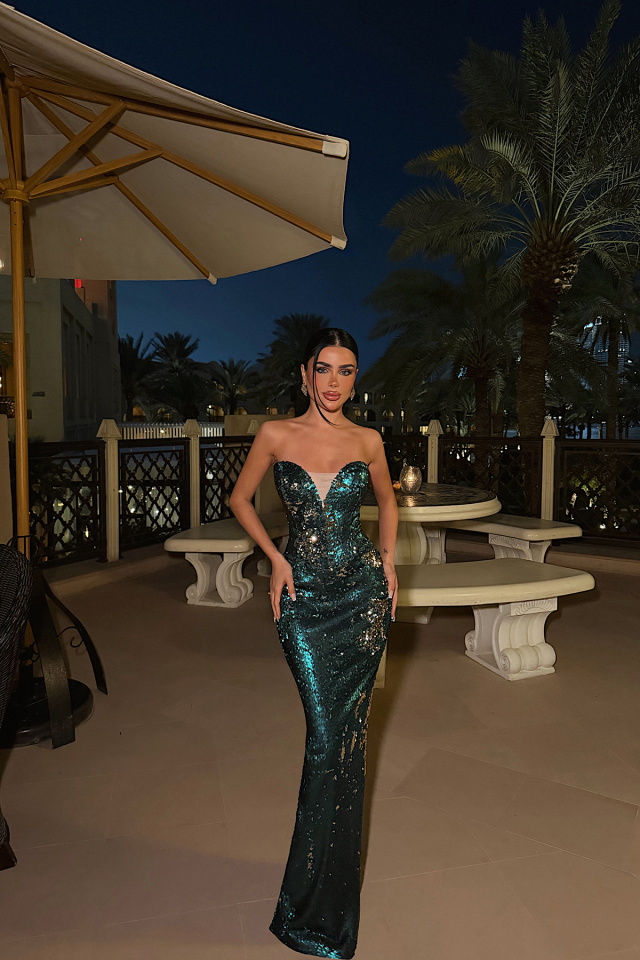 Yeşil Rococo Uzun Payetli Elbise ATE-4651 - 4